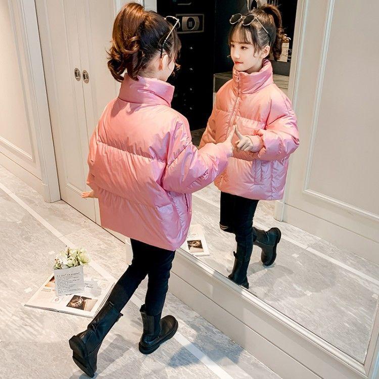 Girls' Cotton-padded Jacket In Winter Big Children's Western Style Korean Version of Thick Padded Jacket Bright Face Stand-up Collar Bread Jacket