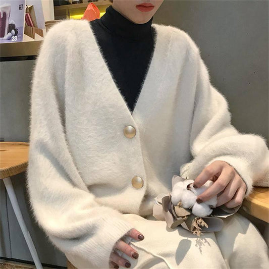 6 Colors Women Faux Mink Cashmere Lazy Loose Sweater Knitted V-neck Cardigan Button Coat