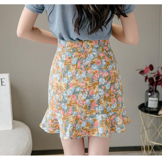 Summer Casual Bohe High Waist Skirts Women Faldas Mujer Moda Ruffled Floral Print Beach Short Skirt