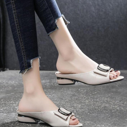 Women's Summer Mid-heel Thick Heel Women's Shoes Soft Leather Sandals and Slippers Fashion Open Toe Women's Slippers