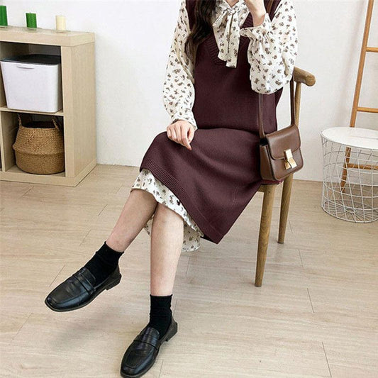 Autumn and Winter Long Knit Bottoming Skirt V-neck Over-the-knee Mid-length Sweater Skirt Loose Casual Women's Vest Skirt