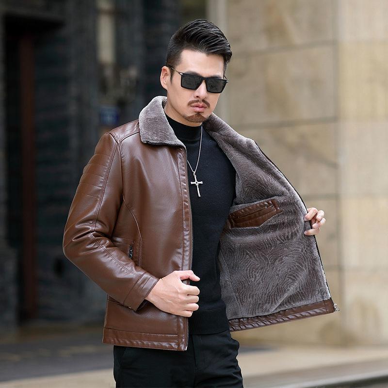 Business Casual Men's Leather Jacket Fur One Plus Velvet Thick Leather Jacket Jacket Middle-aged Father Winter Clothing