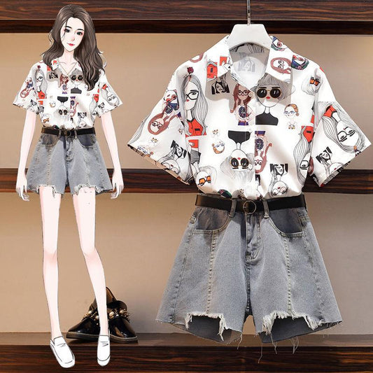 Women Summer Short Set Printed Short Sleeve Shirt and High-waist Denim Shorts Two-piece Set Plus Size Outfits