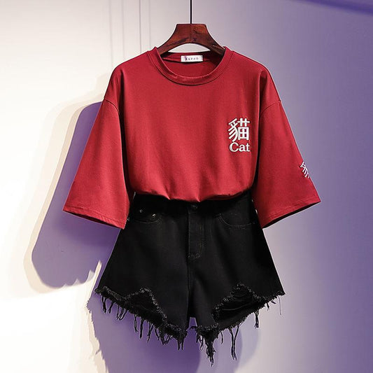 Spring and Summer Pants Suit Plus Size T-shirt Women's T-shirt Ripped Jeans Two-piece Set