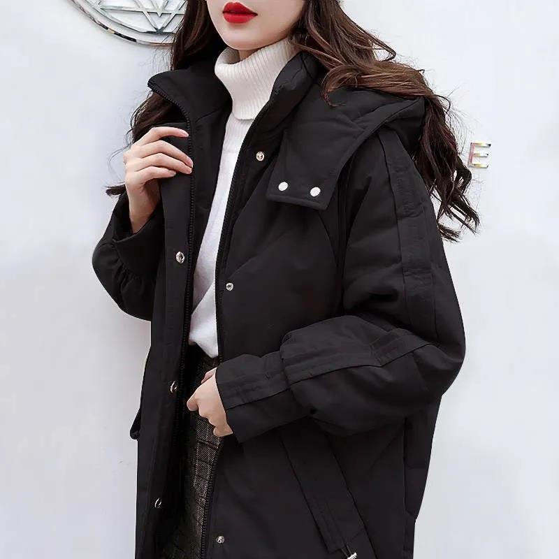 Winter Down Jacket Fashion Slim Zipper Hooded Cotton Jacket Women's Mid-length Solid Color Plus Size Down Coat