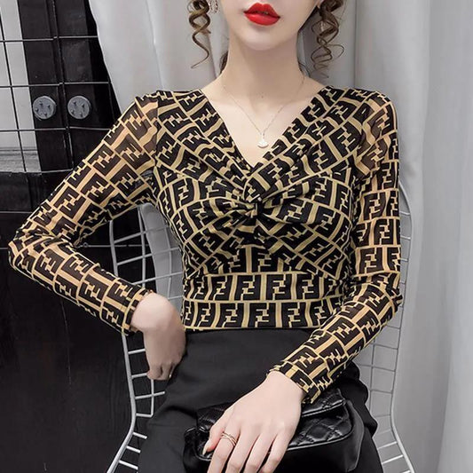 Spring and Autumn Women's Long-sleeved V-neck Slim Bottoming Shirt Printed Top
