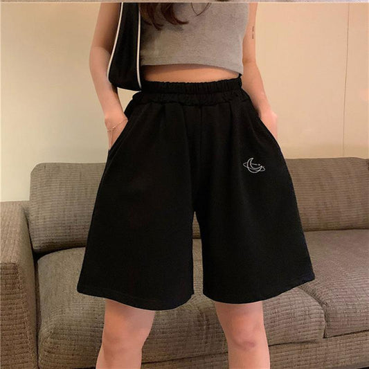 WTEMPO Moon Pattern Sports Shorts Women's Casual Pants Student Elastic Waist Convenient Big Pocket Gym Stadium