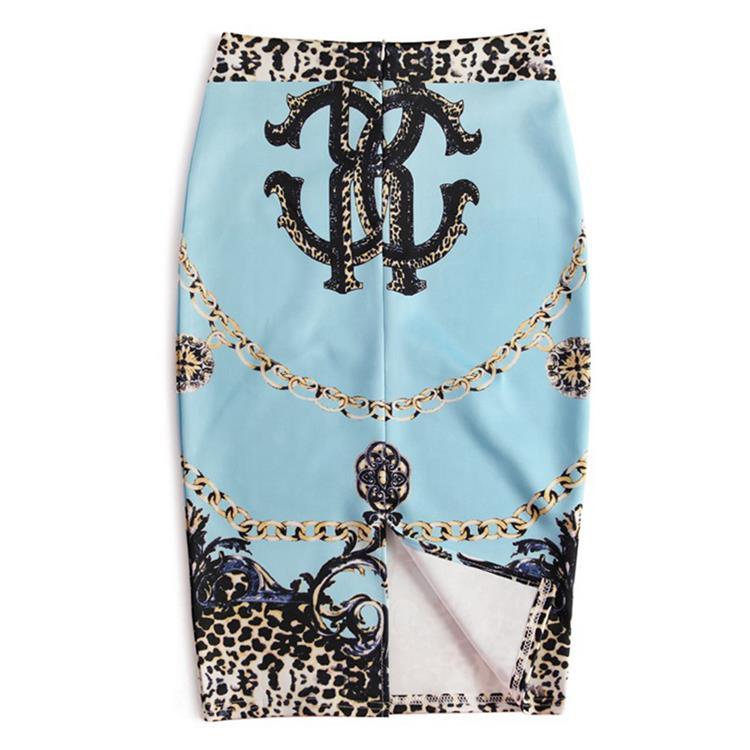 Women Gemetroc Printed High Waist Elasticity Slim Office Lady Pencil Skirts Summer Cool Breathable Knee-length Skirt with Slit