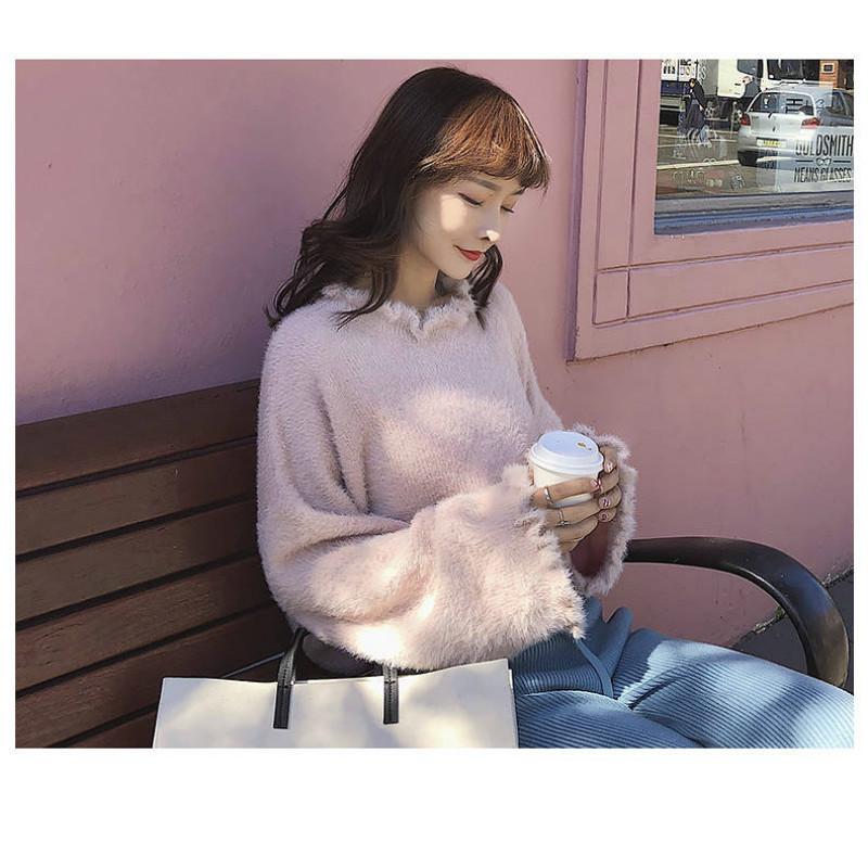 Pofulove Mohair Girly Ruffles Cuffs Turtleneck Warm Knitwear Skin-friendly Losse Pullover Sweater