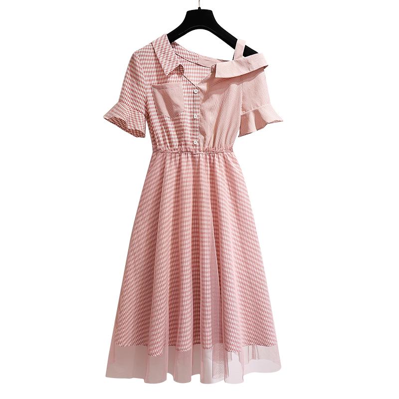 Pofulove Plaid Dress Summer Women Oblique Shoulder Mesh Dress Shirt Dress with Pockets