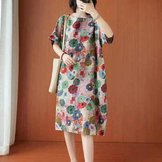 Summer Vintage Floral Print Dress Women's Loose Large Size Short Sleeve Round Neck Dress Thin Mid-Length A-Line Skirt Literature Art Temperament