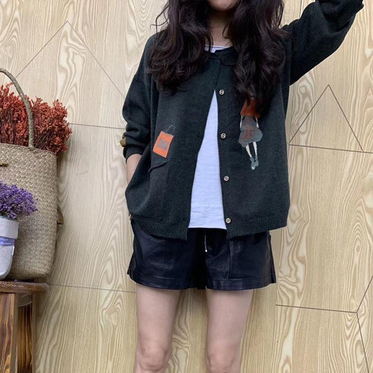 Little Girl Jacquard Knitted Cardigan Color Matching Wild Long-sleeved Sweater Retro Thin Jacket Women