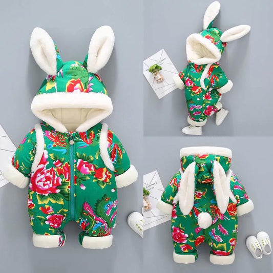 Baby Big Flower One-piece Winter New Year's Clothing New Year's Clothing Baby Festive Romper Plus Cotton Padded Outing Clothing