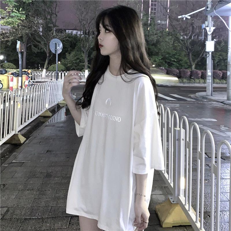 Letter Moon Pattern Embroidery T-Shirt Solid Cotton Simple Breathable Tee Female Casual Short Sleeves Hipster Tops