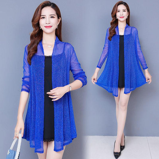 Plus Size Shawl Mesh Mid-length Coat Women's Thin Long-sleeved Waistcoat Loose Fashion Cardigan