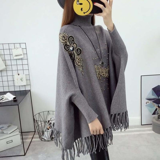 2021 New Autumn and Winter High Neck Women's Plus Size Sweater Loose Bat Sleeve Jacket Knit Sweater Cloak-style Tassel Shawl