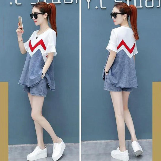 WTEMPO Denim Suit Women's Plus Size 2pcs Suit Spring and Summer Short Sleeve Loose Casual Two-piece Set
