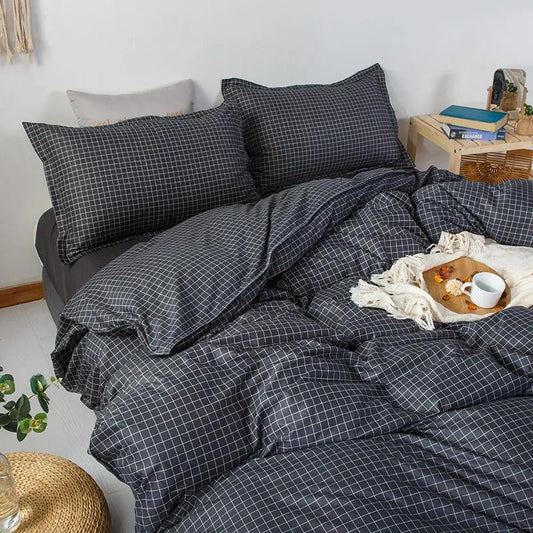 Simple Plaid Bedding Four-piece Bedroom Cotton Quilt Cover Sheets Thick Skin-friendly Bedding
