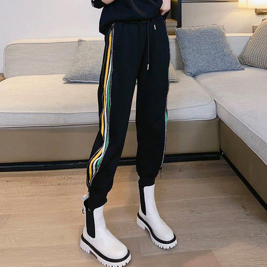 Color Stripe Zipper Sports Pants Women's Pants European Station Summer Loose Student Nine-point Harlan Trousers Casual Pants