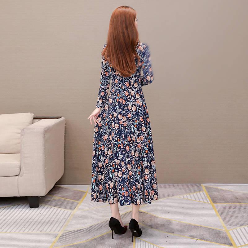Women Dress Fashion Vintage Floral Print Midi Dress Ladies Elegant Dresses with Belt Clothes