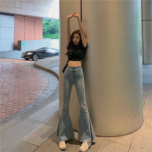 Casual High Waisted Flare Jean Pants Slim Women Pockets Wide Leg Flared Jeans Regular Denim Pants