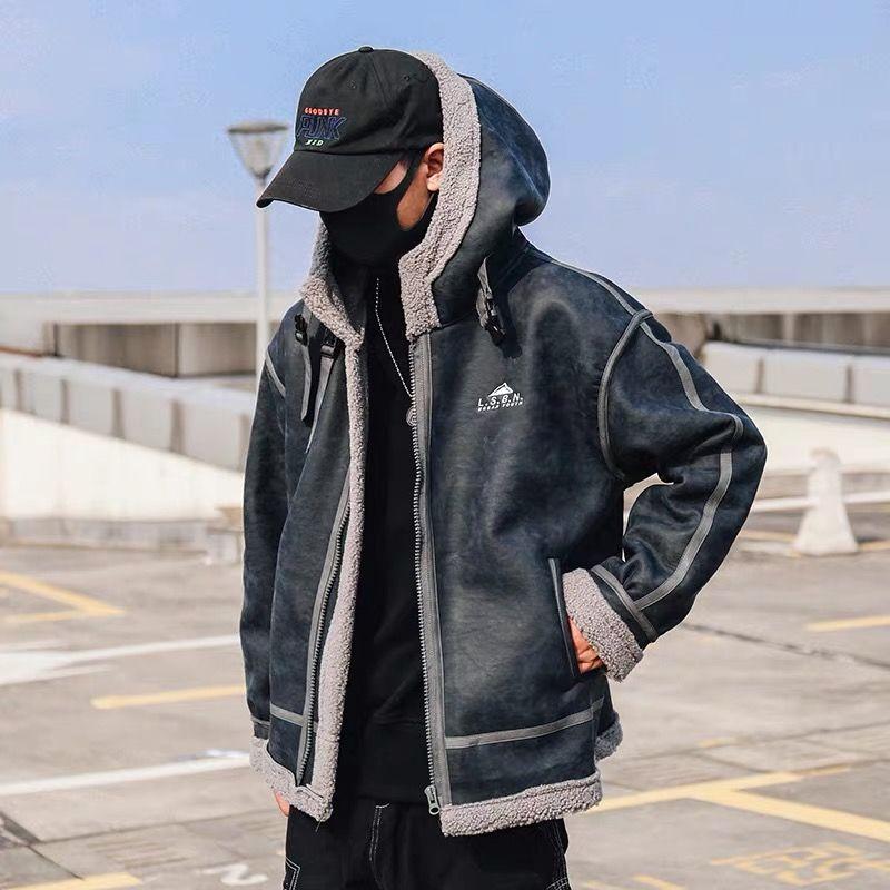 Lamb Plush Jacket Men's Winter High-quality Cotton Jacket Plus Velvet Thick Padded Jacket and Fur One Men's Cotton Jacket