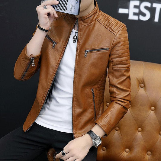 Young Men's Slim Men's Leather Jacket Autumn and Winter Fashion Trend Plus Velvet Thick Lamb Wool Jacket