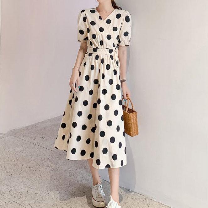 Female Plus Size Elegant Holiday Dress Slim V-neck Wave Point Print Bubble Sleeve Big Swing Long Dress