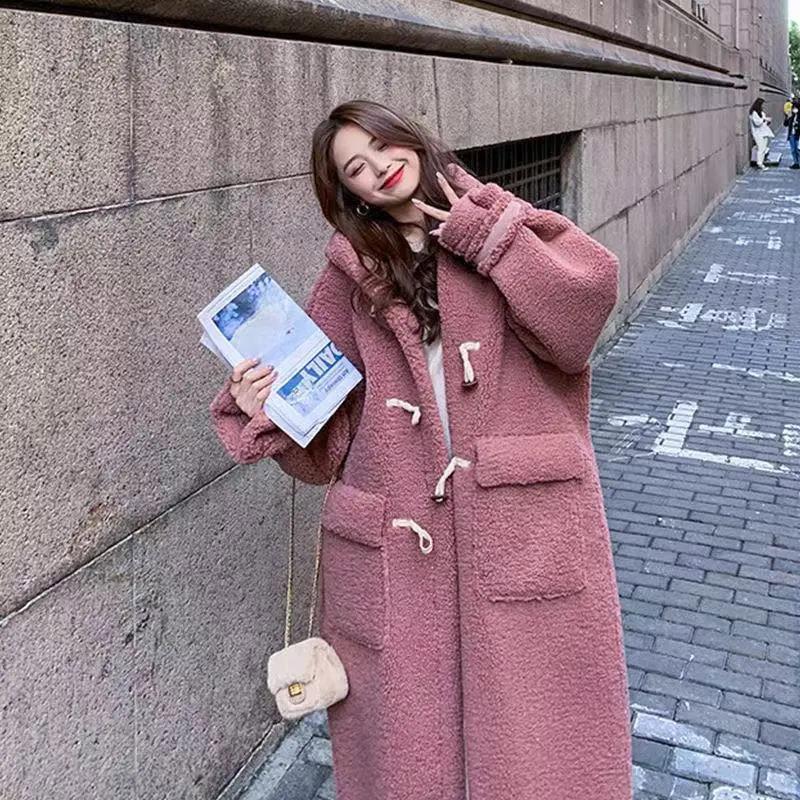 Winter Women's Lamb Wool Coat Big Pocket Hooded Fleece Coat Korean Style Loose Mid-length Over-the-knee Plush Coat