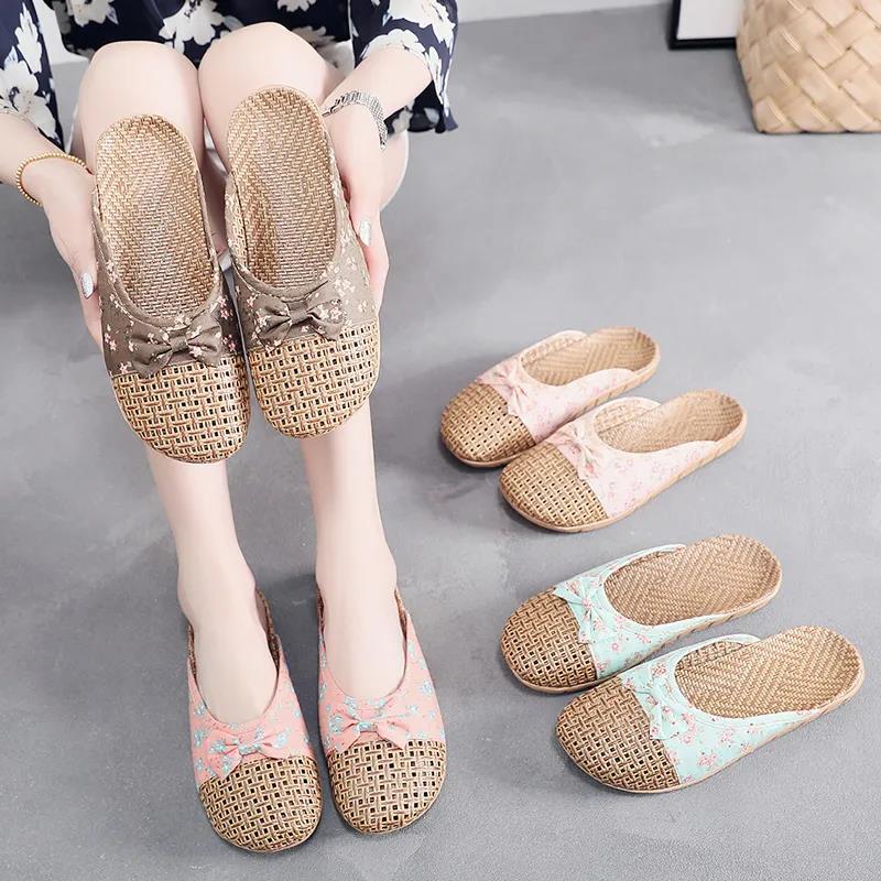 Women Summer Baotou Slippers Antiskid Soft Bottom Slippers Bow Decoration Outdoor Casual Linen Slippers