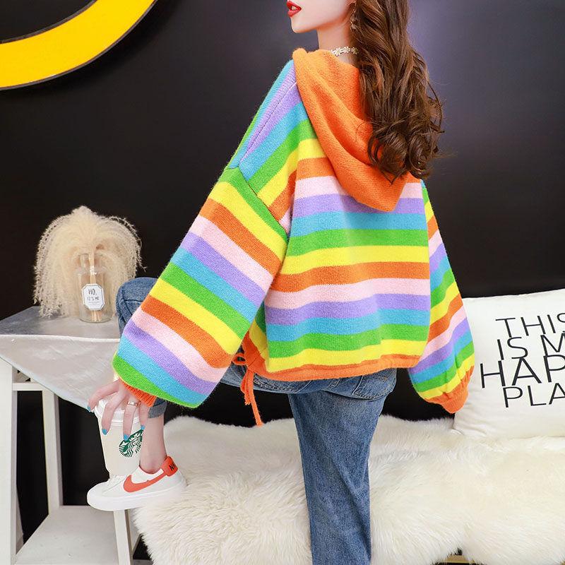 Rainbow Striped Pullover Sweater Women's Short Autumn Loose Casual Hooded Sweater Top Simple Drawstring Knitwear coat