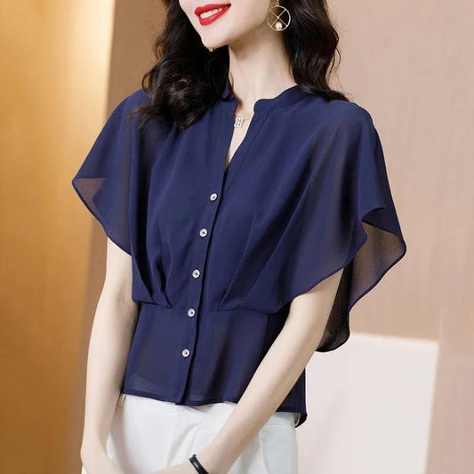 Chiffon Shirts Short Sleeve Women's Blouses Summer Slim Waist Short Blouse V-neck Buttons Trumpet Sleeves Temperament Tops Casual All Match Female Top