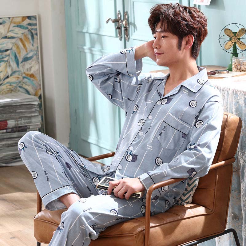 Spring and Autumn Men's Cotton Pajamas Set Home Casual Wear