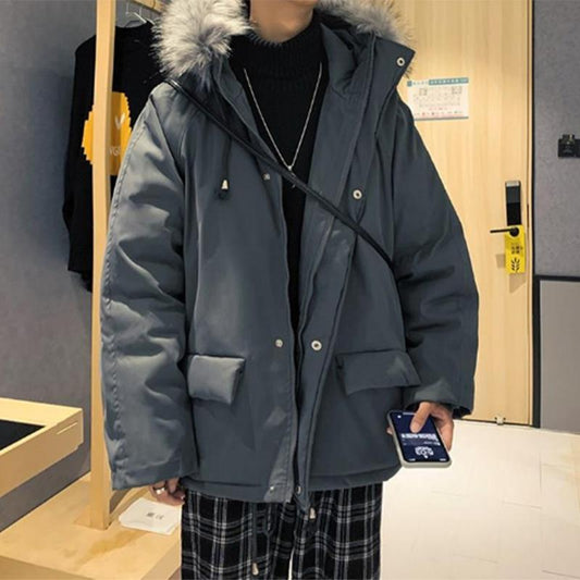 Winter Hong Kong Style Ins Hooded Tooling Cotton Jacket Men's Korean Version of The Trend of Solid Color Thick Hooded Large Fur Collar Cotton Jacket