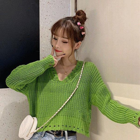 Avocado Green Sweater Women's Loose Autumn Long Sleeve V-neck Hollow Short Knit