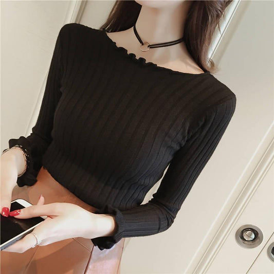 2019 Autumn Winter Women Long Sleeve Boat Neck Slim Knitted Sweater Top Femme Pull Ladies Jumper
