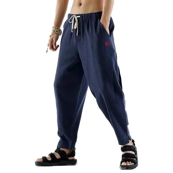 Linen Embroidery Printing Chinese Style Summer Trousers Men's Loose Casual Pants Cotton and Linen Harem Pants