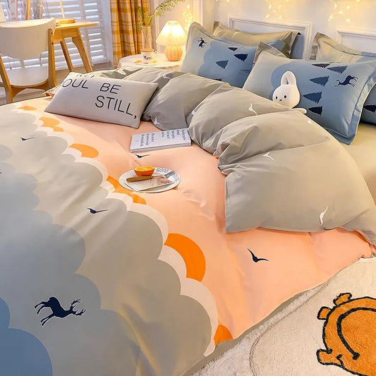 Four-piece Bedding Cotton Quilt Cover Single and Double Cartoon Printing Mattress Cover Bedroom Bed Linen Quilt Cover