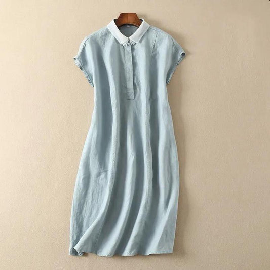 Summer Women's Doll Collar Short Sleeve Mid-length Dress Solid Color Large Size Long Dress