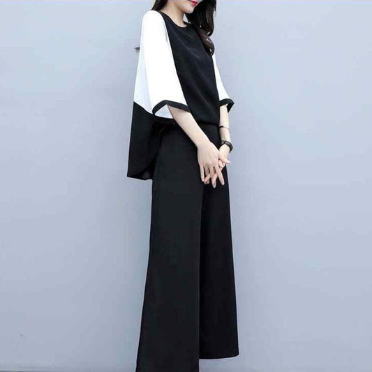 Women's Spring and Summer Two-piece Trousers Stitching Loose Round Neck Blouse Wide-leg Pants Casual Suit Plus Size Women's Clothing