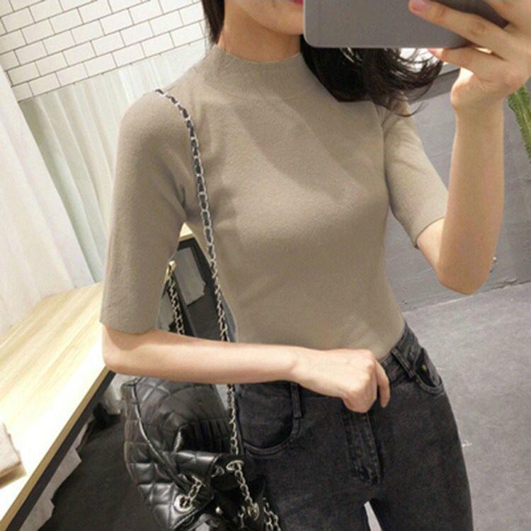 Pofulove Autumn Half-high Collar Mid Sleeve Shirt Women Five-point Sleeves Sweater Black Bottoming