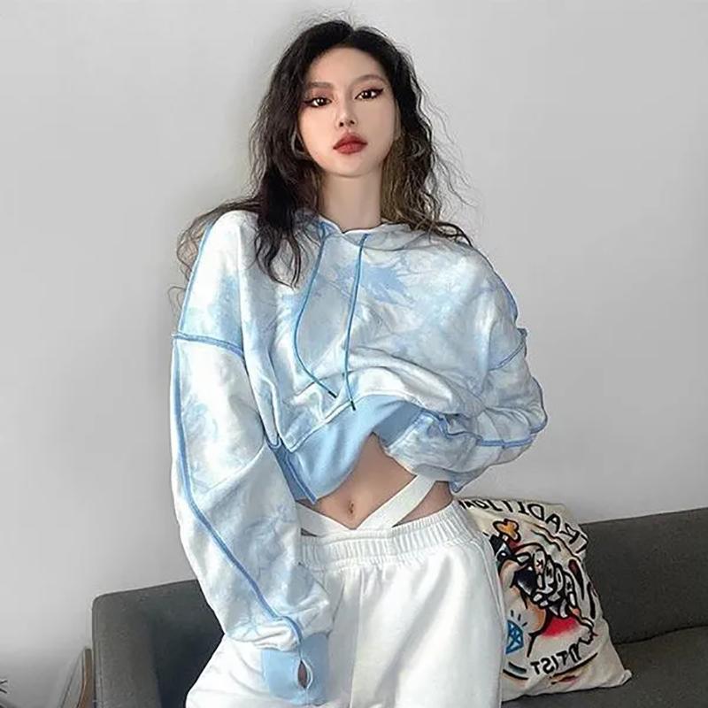 Fashion Cropped Hoodies Tie Dye Streetwear Hip Hop Pullover Sweatshirts Spring Autumn Casual Loose Hooded Sports Shirts