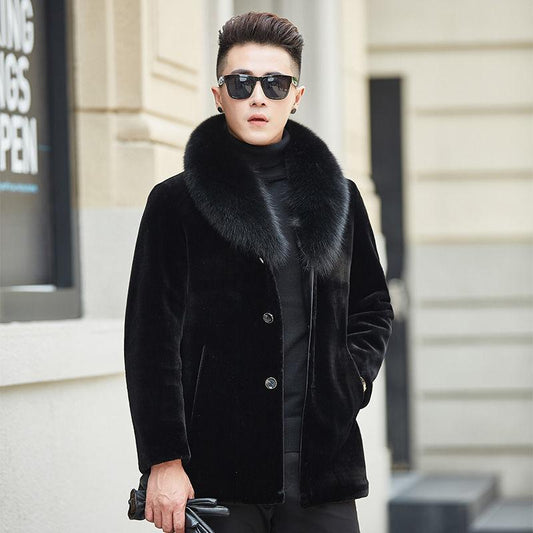 Thicken Plus Fleece Warm Jacket for Autumn and Winter Fashion Trend Handsome Black Button Big Fur Collar Men Jacket