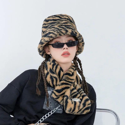 Women's Cold Proof Warm Scarf Hat Suit Thick Plush Zebra Pattern Bib Fisherman Hat Winter Hat Bucket Hats Vintage Hats Scarf Set