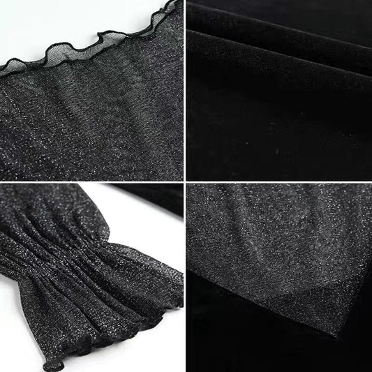 Mesh Velvet Top Spring and Autumn French Style High-end Puff Sleeves Exposed Collarbone Hollow Shirt Women