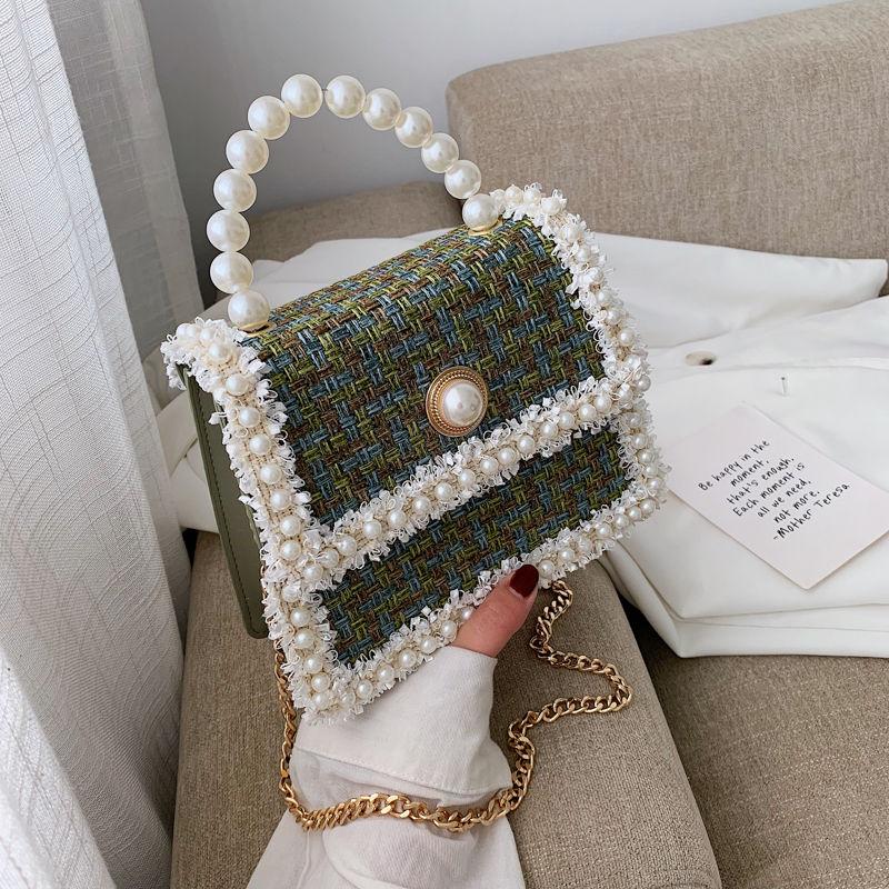 Bags Ladies Trendy Korean Fashion Pearl Portable Wild Chain One Shoulder Messenger Small Square Bag