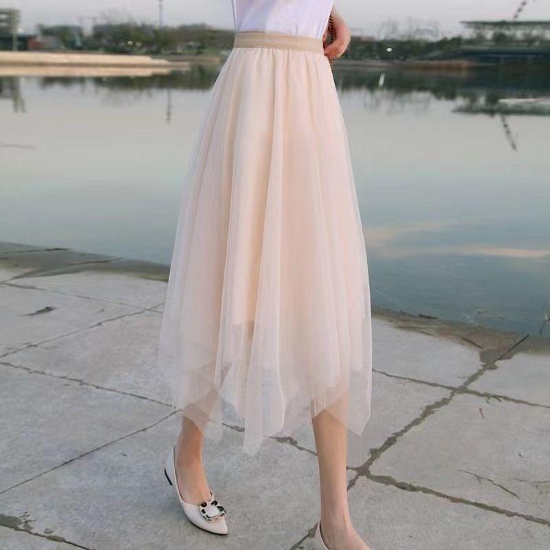 Gauze Skirt Women's Spring and Summer Style Drape Irregular Puffy Mid-length Black Mesh Skirt