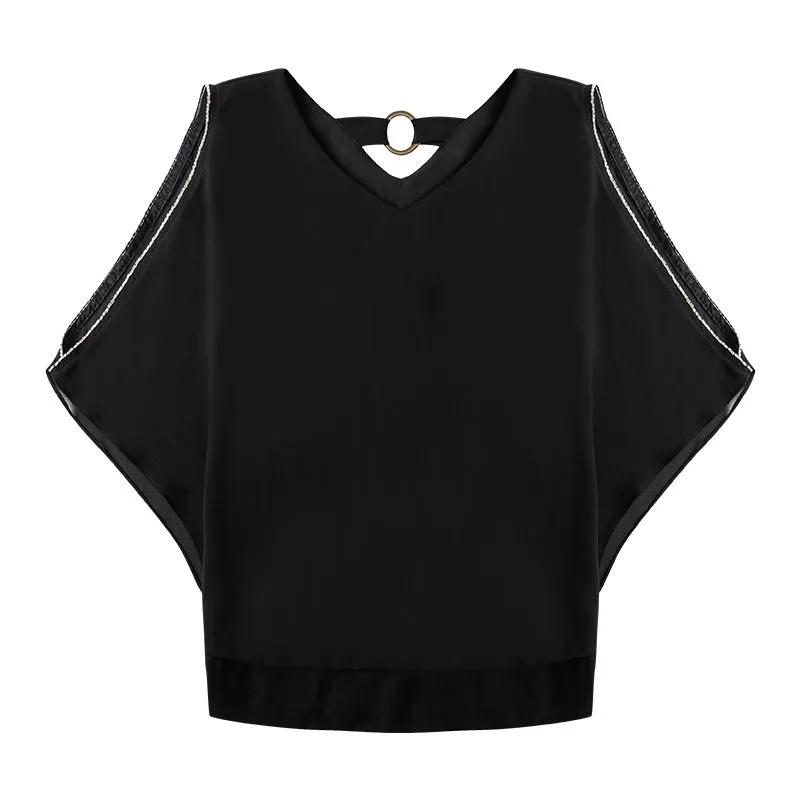 Black Short-sleeved Chiffon T-Shirts Loose V-neck Hollow Top Lace T-Shirts Women's Summer Off-shoulder Blouse Loose Ruffled Chain Top Temperament Blouses