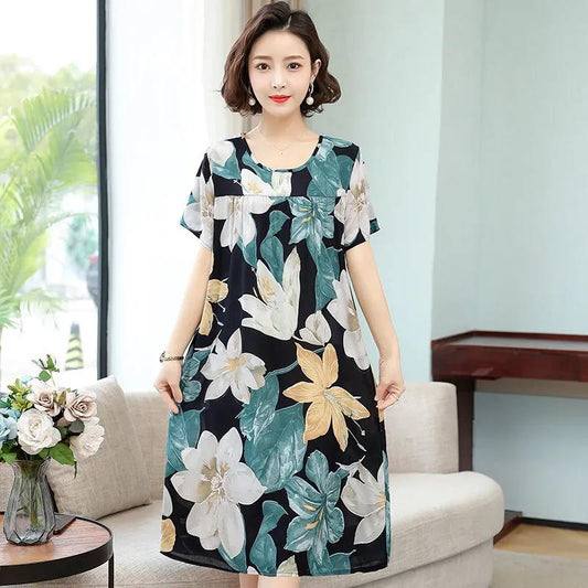 Cotton Silk Dress Female Summer Wear Short-sleeved Fashion Big Sleepers
