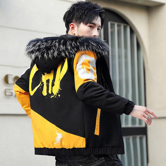 Fashion Men's Parker Jacket Winter Fashion Men's Cotton Jacket Thicken Stitching Trendy Brand Hooded Cotton Jacket Loose Men's Cotton Jacket